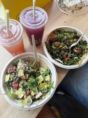 mediterranean food bowls with drinks