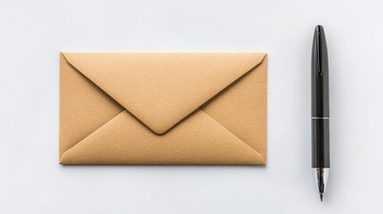 A brown envelope and a black pen on a white background.
