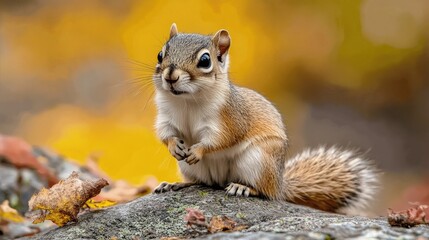 A cute squirrel sitting on a rock, with a blurred background of autumn leaves.