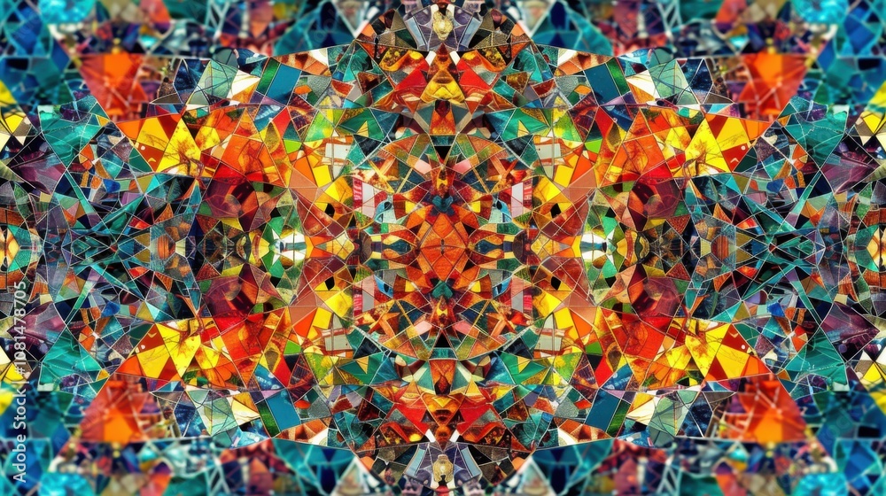 Poster A kaleidoscope pattern of overlapping geometric shapes in various colors, illustrating the intricate interplay and beauty of diversity in society, photography style