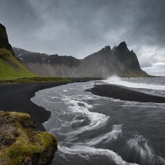 Fototapeta premium The Dramatic Volcanic Landscapes and Black Sand Beaches of Iceland, Featuring Towering Cliffs, Glacial Rivers, and Unique Geothermal Features in a Stark, Otherworldly Landscape