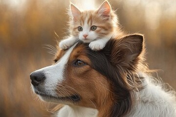 Obraz premium Joyful cat and dog enjoying each other's company, cat resting on top of dog's head, adorable pet bonding captured in a portrait,
