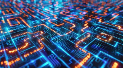 A labyrinth of binary code amidst glowing circuits, Reflecting the complexity of digital consciousness and AI, photography style