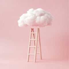 A ladder made of cotton, leading up to a cloud on a pink background, minimal look