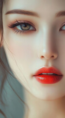 Beautiful young woman with long eyelashes extensions eyeshadow makeup red lips fashion closeup background. cosmetic beauty product spa salon banner poster wallpaper 
