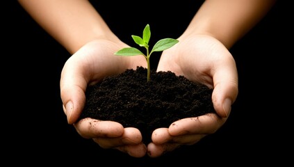 A pair of hands holding out soil with one small plant sprouting from it, symbolizing growth and the beginning of life. Dark background, high-resolution photography.