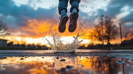 Person jumping in a puddle while wearing athletic shoes, splashing water, during a vibrant sunset at an outdoor sports court