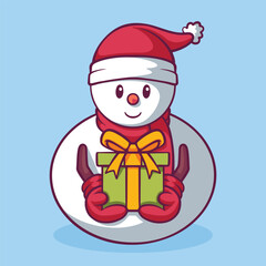Christmas snowman bring a green gift box cartoon hand drawn illustration