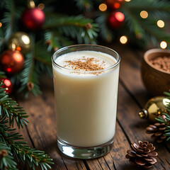 Indulge in the richness of holiday eggnog surrounded by festive decor, photography of still life concept.