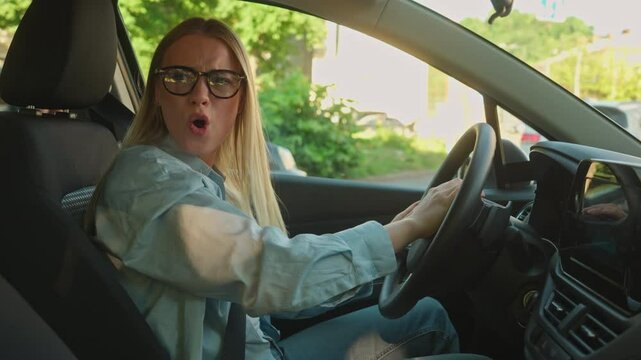 Caucasian woman driving car honk traffic jam rules screaming yelling conflict girl anger female automobile transportation steering quarrel accident irritation road shout problem dissatisfied emotions