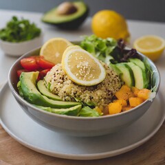 Vegan Buddha Bowl Filled With Fresh Vegetables, Quinoa, Avocado, and a Tangy Lemon Dressing, Plated Beautifully in a Minimalist Home Kitchen Setting