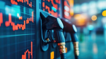 Innovative visualization merging a gas pump icon and a fluctuating chart line to depict the volatility and risk factors associated with investing in the energy and fuel equity markets