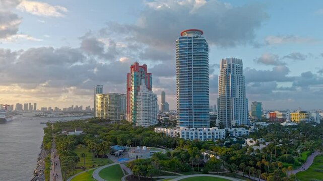 South Pointe Park and South Beach at Miami Beach with its iconic buildings aerial view