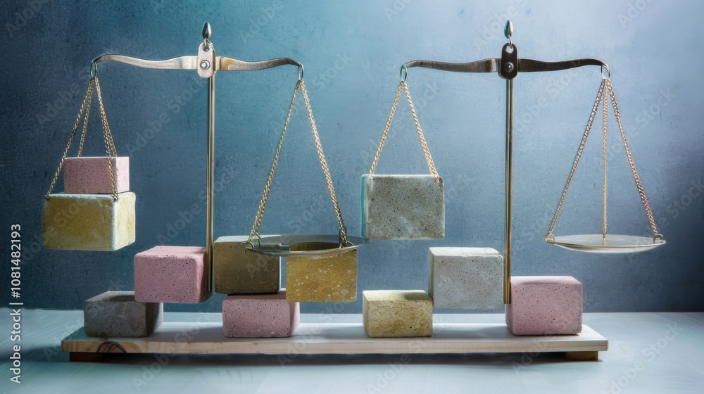Poster a meaningful depiction of social equity, featuring a set of scales balanced with diverse blocks of v