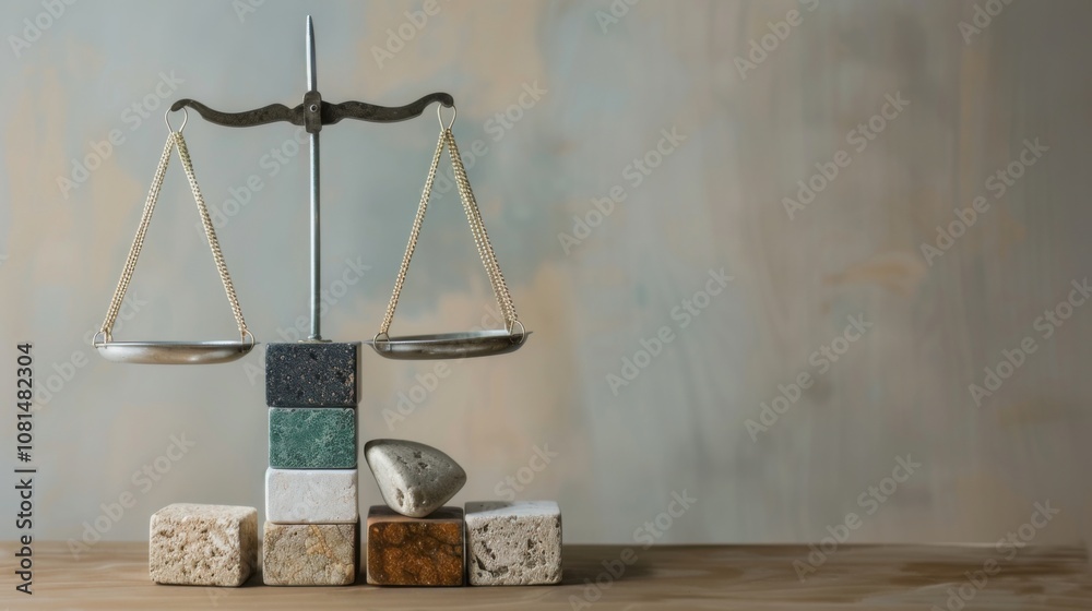 Poster a meaningful depiction of social equity, featuring a set of scales balanced with diverse blocks of v