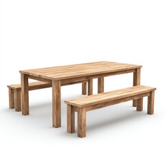 Fototapeta premium A rustic wooden dining table set with two benches, perfect for gatherings and outdoor meals.