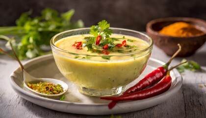 Refreshing Leche de Tigre in a Light Glass Bowl, Paired with Fresh Coriander and Red Chili for a Zesty Peruvian Appetizer, Captured in Soft, Bright Light