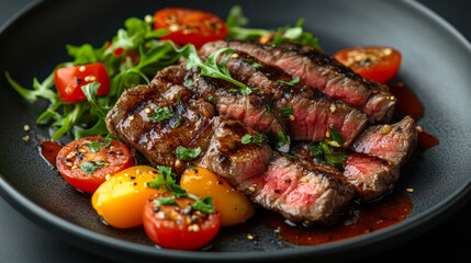 Delicious grilled beef medium rare ribeye steak plate food photography tasty meal gourmet fashion background with copy space. for cuisine dishes restaurant recipe advertising