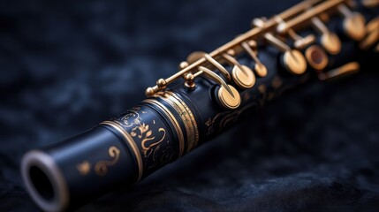 Naklejka premium Black clarinet with gold accents and intricate engravings, lying on a dark surface.