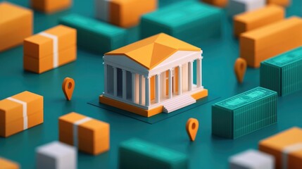Fototapeta premium Capital Flowing Through Supply Icons Towards Growth Markers Conceptual Visualization of Financial Expansion and Business Growth