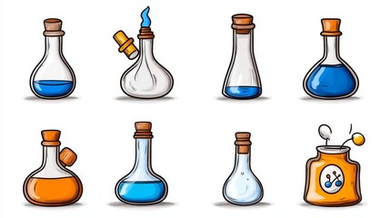 Cartoon Glass Bottles Erlenmeyer Flasks Potions Science Chemistry Experiment Illustration Set