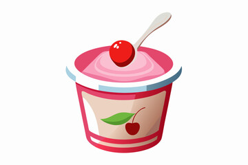 Cherry Yogurt. A plastic yogurt pot with a spoon isolated on a white background