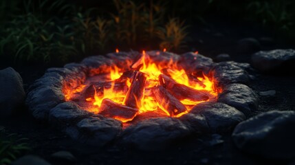A campfire burns brightly in a ring of rocks, casting warm light and inviting warmth.