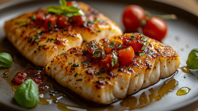 Delicious italian grilled garlic salmon cod fish seafood butter roasted plate food photography tasty meal gourmet fashion background with copy space. for cuisine dishes restaurant recipe advertising