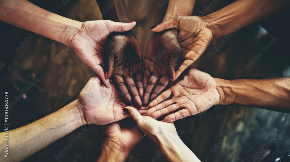 Poster A metaphorical scene of inclusion, showing hands of different skin tones coming together to form a heart shape, Representing unity and collaboration among diverse groups