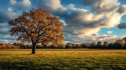 Fototapeta premium Lonely autumn tree standing in a field with blue sky and white clouds