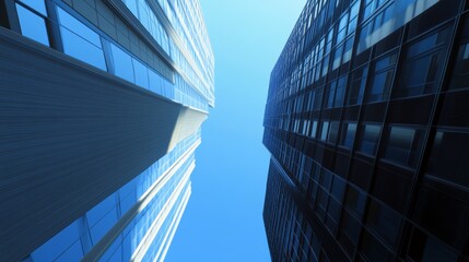 Looking Up modern high-rise office buildings with blue sky in the background.
