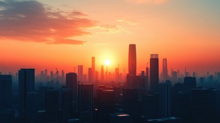 Spectacular skyline of a modern metropolitan city at sunset or sunrise with skyscrapers and high rise buildings silhouetted against a vibrant sky
