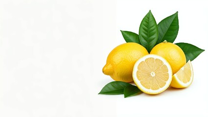 Whole and halved lemons with leaves on a white background.