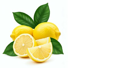 Whole and sliced lemons with leaves on a white background.
