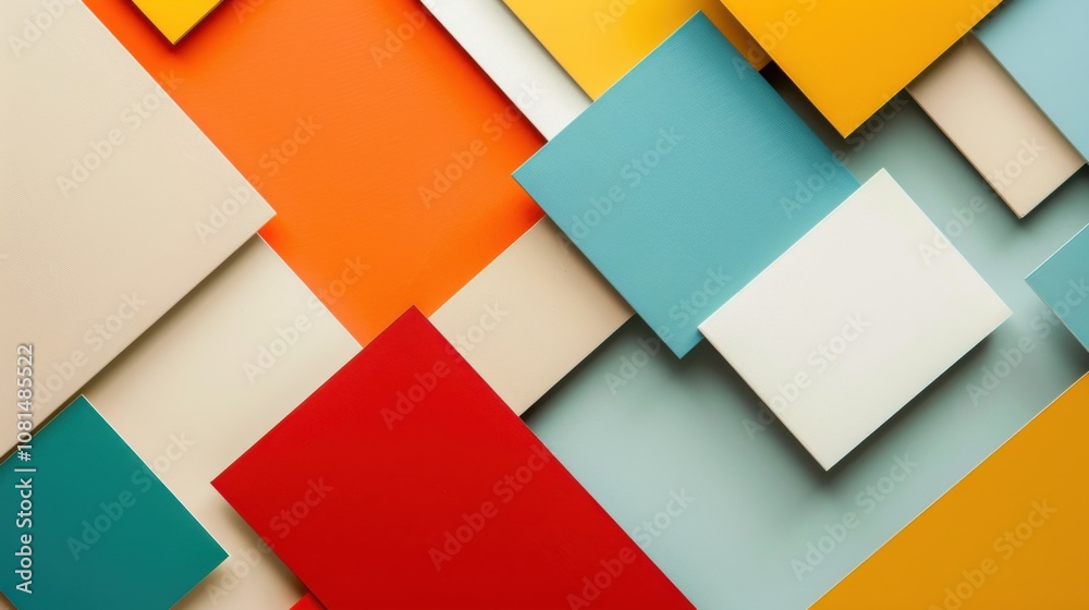 Poster A minimalist arrangement of overlapping squares in various shades forming a mosaic on a plain background, Reflecting harmony and diversity, photography style
