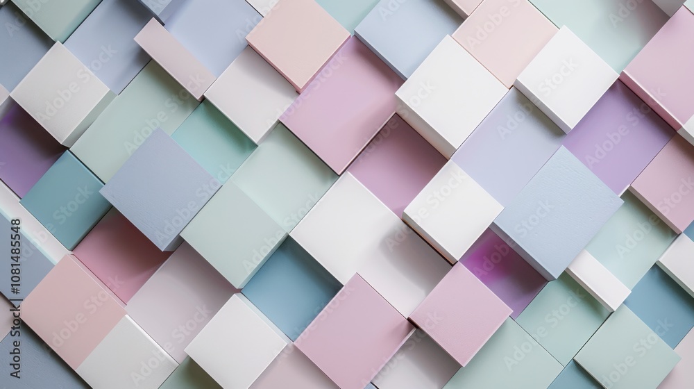 Poster A minimalist arrangement of overlapping squares in various shades forming a mosaic on a plain background, Reflecting harmony and diversity, photography style