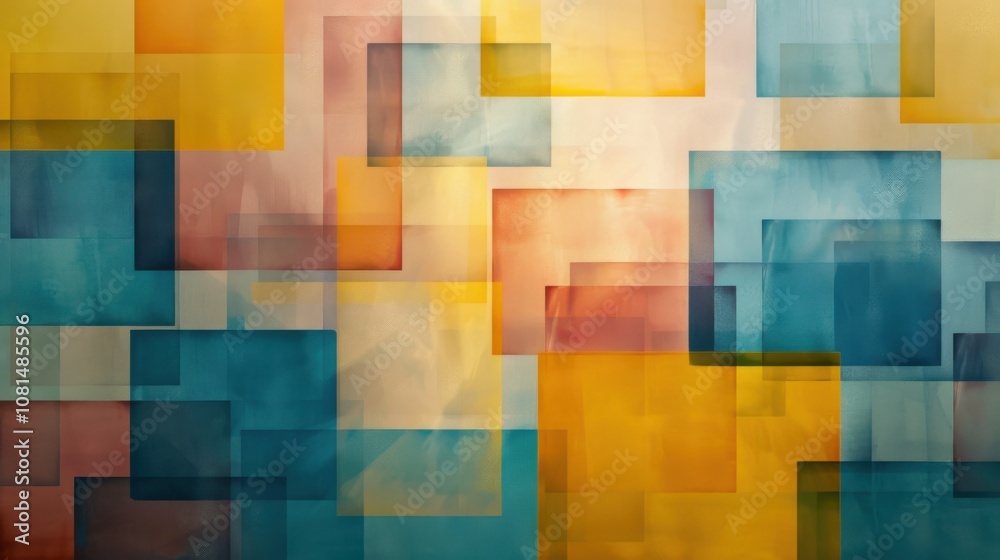 Poster A minimalist arrangement of overlapping squares in various shades forming a mosaic on a plain background, Reflecting harmony and diversity, photography style