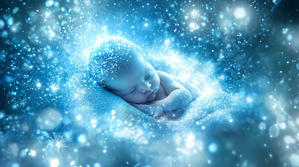 Fototapeta premium A newborn baby sleeps peacefully in a bed of sparkling blue lights, symbolizing dreams, innocence, and new beginnings.