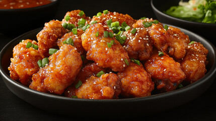 Fototapeta premium Delicious crispy korean fried chicken wings plate food photography tasty meal gourmet fashion background with copy space. for cuisine dishes restaurant recipe advertising