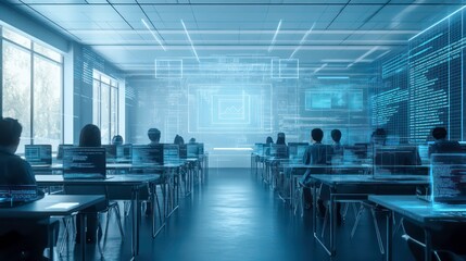 A classroom of students working on computers with futuristic digital screens displaying code and data.