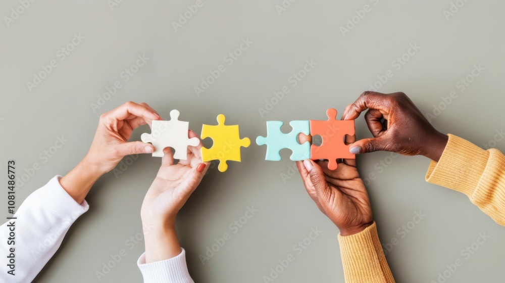 Poster a minimalist representation of hands of different races holding puzzle pieces that fit together agai