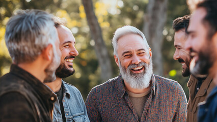 Group of men laughing and enjoying a genuine conversation outdoors, dressed casually, expressions of openness and camaraderie, celebrating positive masculinity and supportive friendship