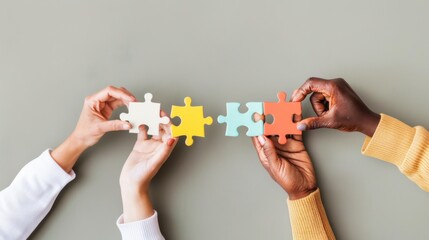 A minimalist representation of hands of different races holding puzzle pieces that fit together against a plain background, Signifying integration and unity, photography style