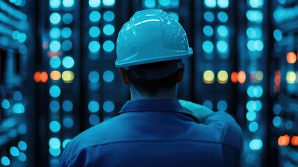 Utility worker in hardhat inspecting and monitoring digital electricity supply network in futuristic smart infrastructure and modern energy technology  Concept of advanced power grid