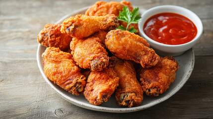 Delicious crispy korean fried chicken wings plate food photography tasty meal gourmet fashion background with copy space. for cuisine dishes restaurant recipe advertising