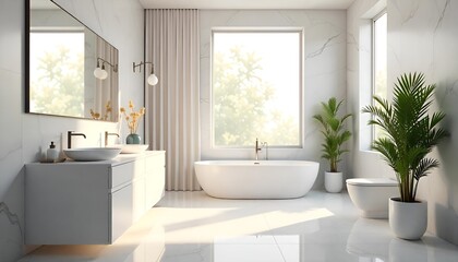 Fototapeta premium Animation of modern style luxury white bathroom with marble stone 3d render large window natural light into the room