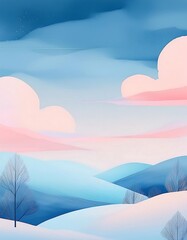Beautiful watercolor landscape of snowy hills under a pastel sky at dusk. Generative AI