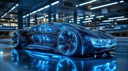 Fototapeta premium Futuristic black sports car with glowing blue lights in a modern garage.