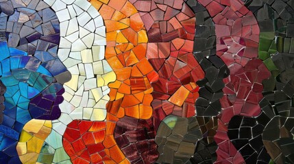 A modern art depiction of diverse faces in profile against a mosaic of colors, Representing cultural diversity, photography style