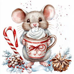 Cute mouse holding cup of hot chocolate topped with whipped cream, surrounded by festive elements like candy cane, pine cones, and snow. Perfect for holiday themes